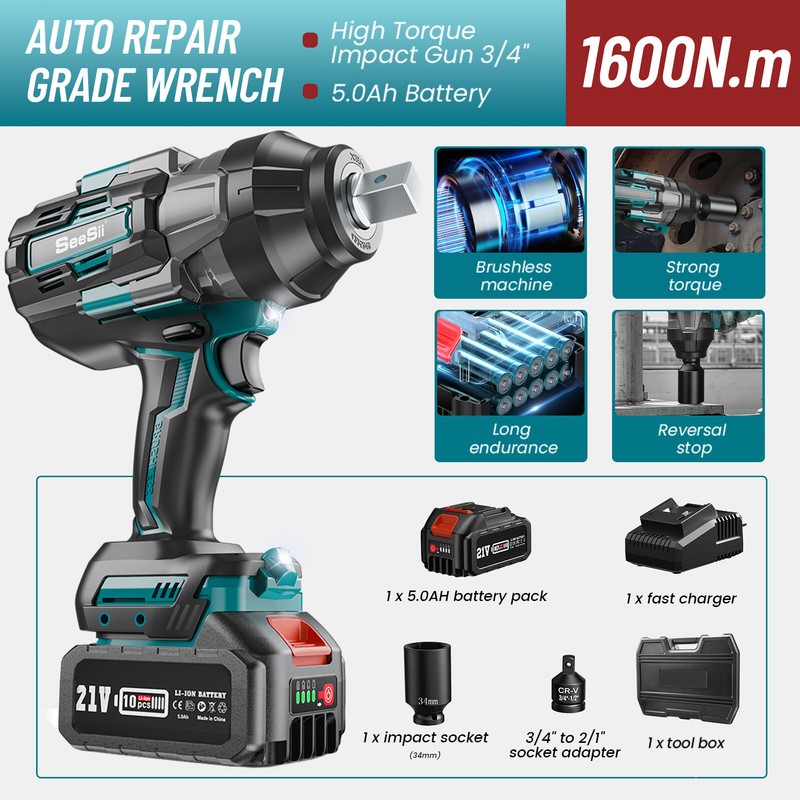 Cordless Impact Wrench 3/4" 1180Ft-lbs(1600Nm) Electric Impact Gun 5.0Ah Battery gallery
