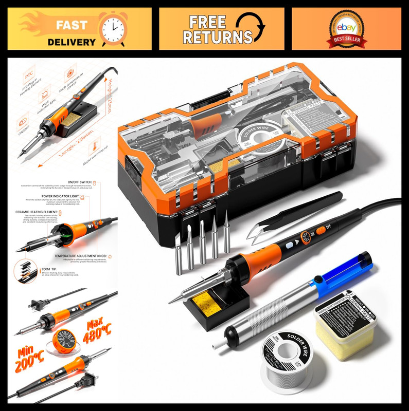 60W Soldering Iron Kit, Adjustable Temp 200-450°C, 12-in-1 Tool, Tips & Solder W