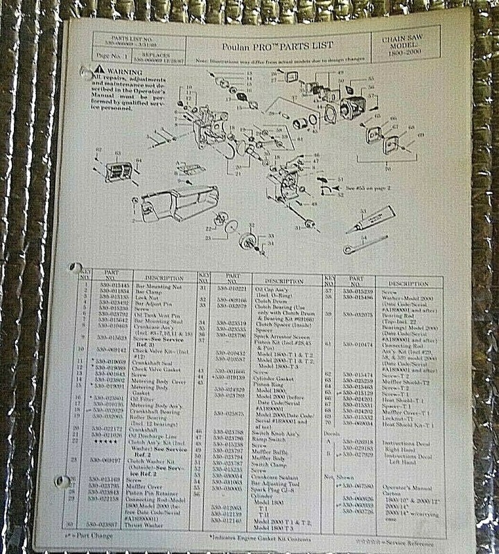 3/31/89 Poulan Pro Chainsaw Parts List Model 1800 2000
