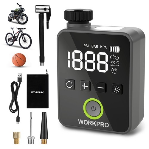 WORKPRO Mini Electric Bike Pump 140 PSI Portable Bicycle Tire Pump with Gauge US gallery