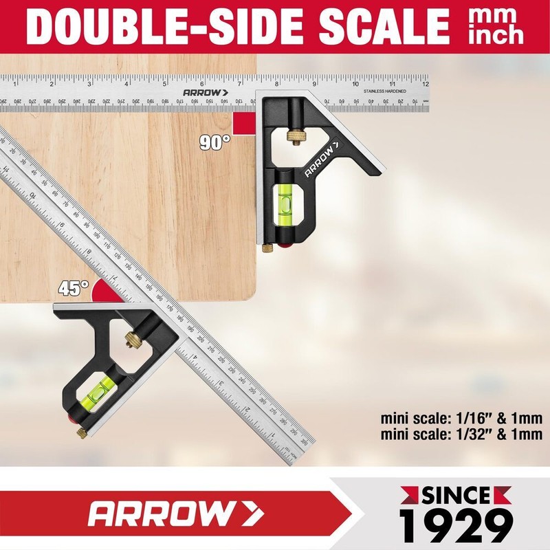 Arrow 12" Zinc Alloy Combination Square Set & 7" Aluminum Alloy Carpenter Square gallery