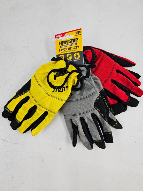 Firm Grip Tough Working Gloves Size Large 3 Pack ~ Red, Yellow, Gray gallery