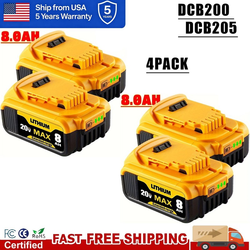 4Pack For DeWalt 20V 20 Volt Max 8.0AH Lithium Ion Battery DCB200 DCB204 DCB206
