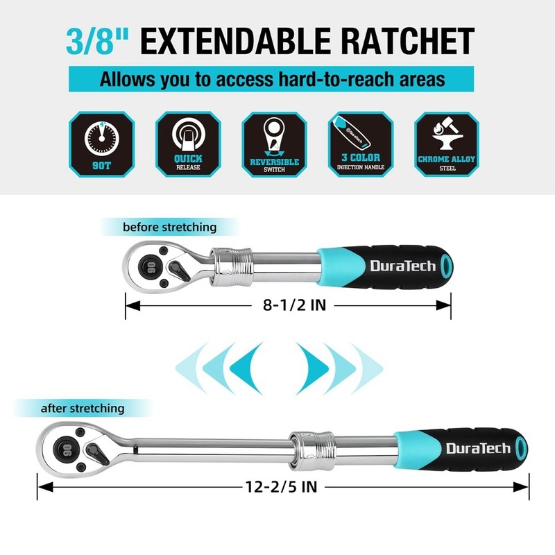 DURATECH 3/8" Drive Extendable Ratchet 90-Tooth Quick-release Ratchet 4 Sections gallery