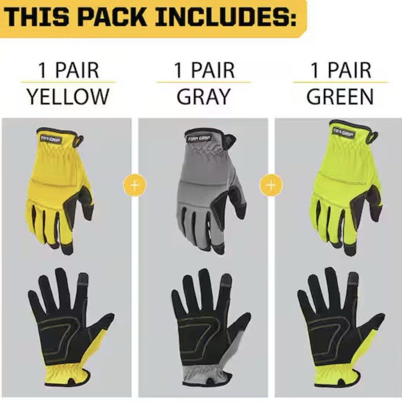 Firm Grip Utility Work Gloves L Stretch Heavy Duty, 3 Pairs - Yellow, Grey, Lime gallery