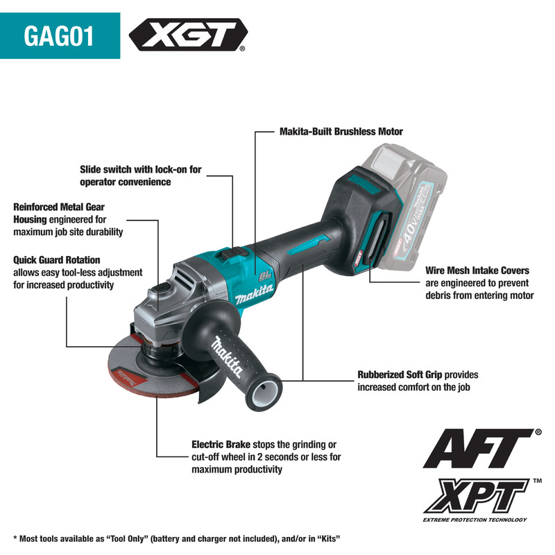 MAKITA 40V Max XGT GAG01M1 Brushless Cordless 4‑1/2” / 5" Angle Grinder Kit, wit gallery