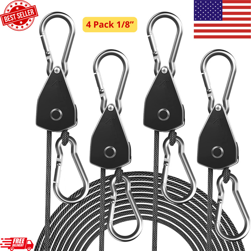 4 Pack Adjustable Rope Hangers 1/8″ Ratchet Tie Down Straps 75lb Heavy Duty