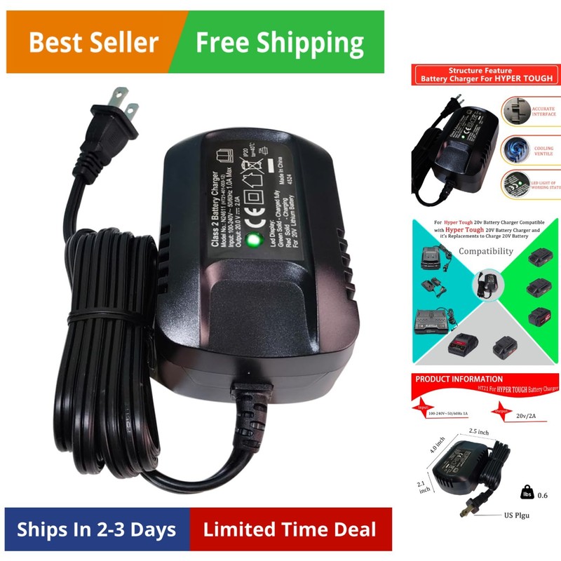 for Hyper Tough 20V 2A Lithium-Ion Battery Fast Charger with LED Indicator Li…