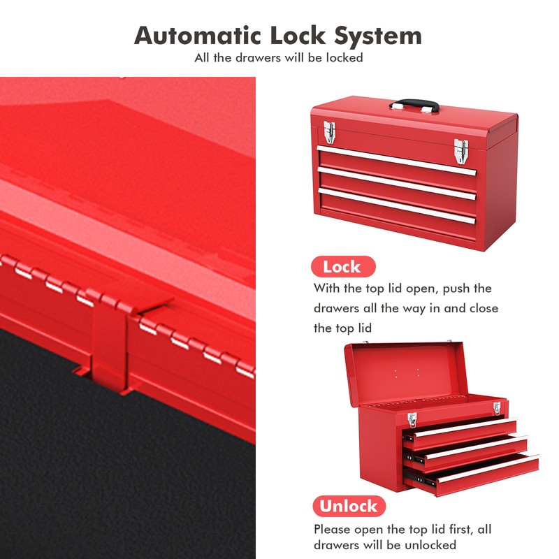 Portable Tool Chest Box Storage Cabinet Garage Mechanic Organizer 3 Drawers Red gallery