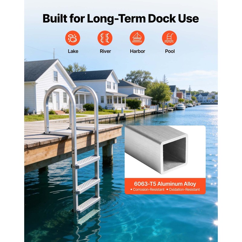 Marine Dock Ladder: 4 Aluminum Steps, 500lbs, Wide PP Anti-Slip Treads gallery