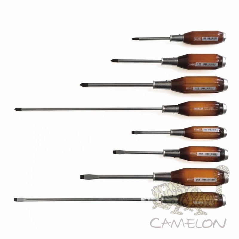 VESSEL WOOD GRIP TANG THROUG SCREWDRIVER +1,2,3 -5.5,6,8 75-300MM MADE IN JAPAN