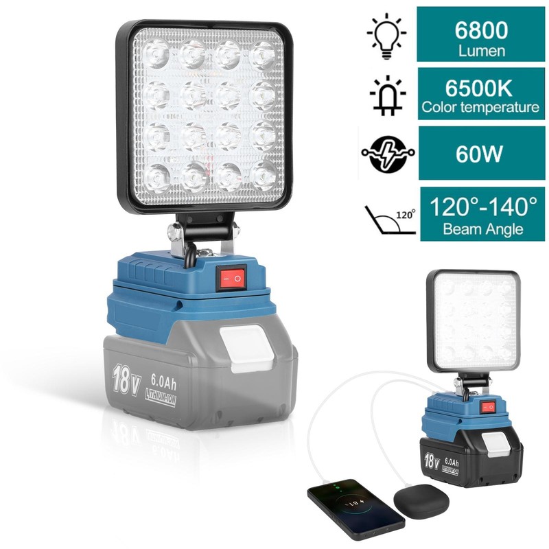 6800LM LED Work Light for Makita 18V Battery – 140° Adjustable Head, IP65, USB C
