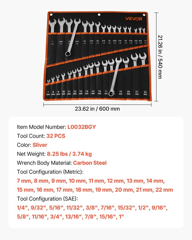 VEVOR Combination Wrench Set Box End Open End Combination Wrenches 32-Piece gallery