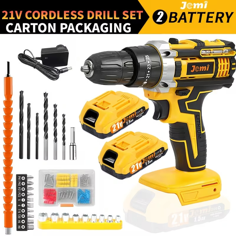 21V Cordless Hammer Drill Set Electric Impact Driver Screwdriver with 2 Battery