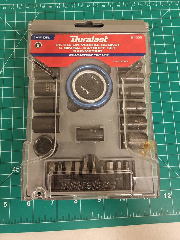 Duralast 61-005 25 Pc Universal Socket Gimbal Ratchet Set 1/4″ Dr SAE Metric
