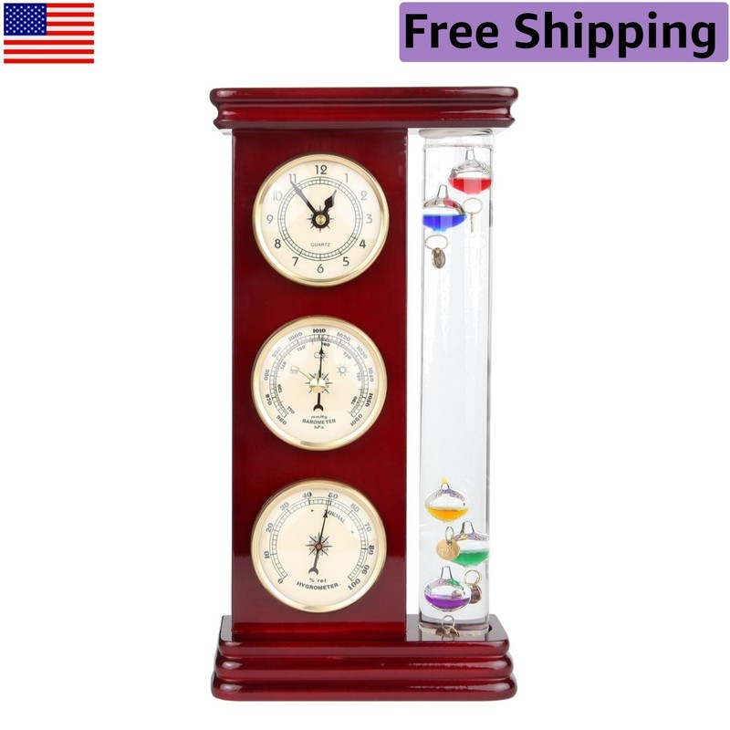 Elegant Analog Weather Station with Galileo Thermometer & Precision Quartz Clock