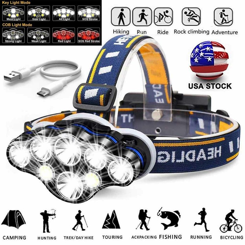 990000LM LED Headlamp Powerful USB Rechargeable Headlight 8 Modes Head Torch