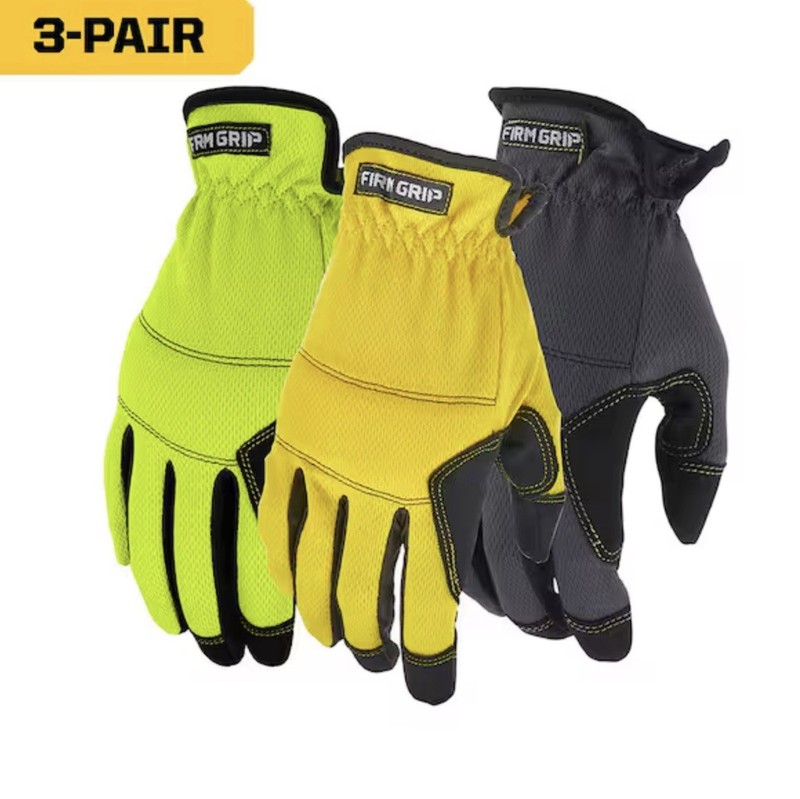 Firm Grip Utility Work Gloves L Stretch Heavy Duty, 3 Pairs – Yellow, Grey, Lime