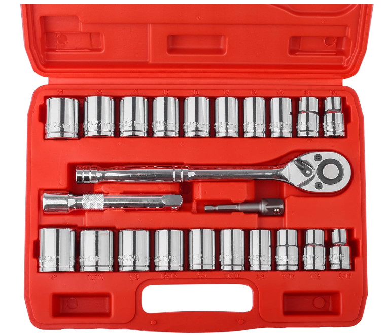 Juego de 23 piezas de sockets 1/2″, SAE (7/16 a 1 pulg.) y Métrico (13-19, 21, 2