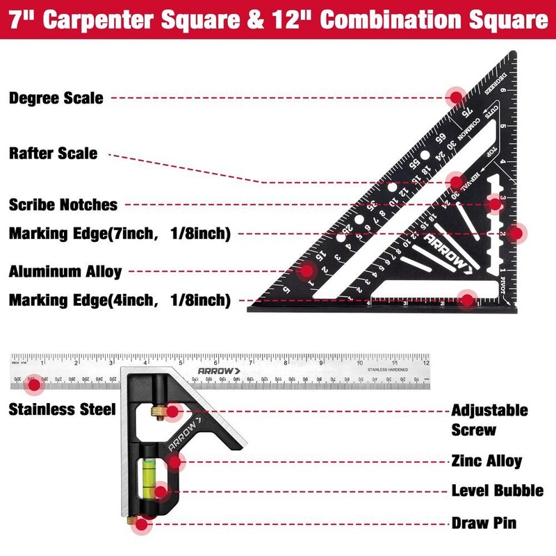 Arrow 12" Zinc Alloy Combination Square Set & 7" Aluminum Alloy Carpenter Square gallery