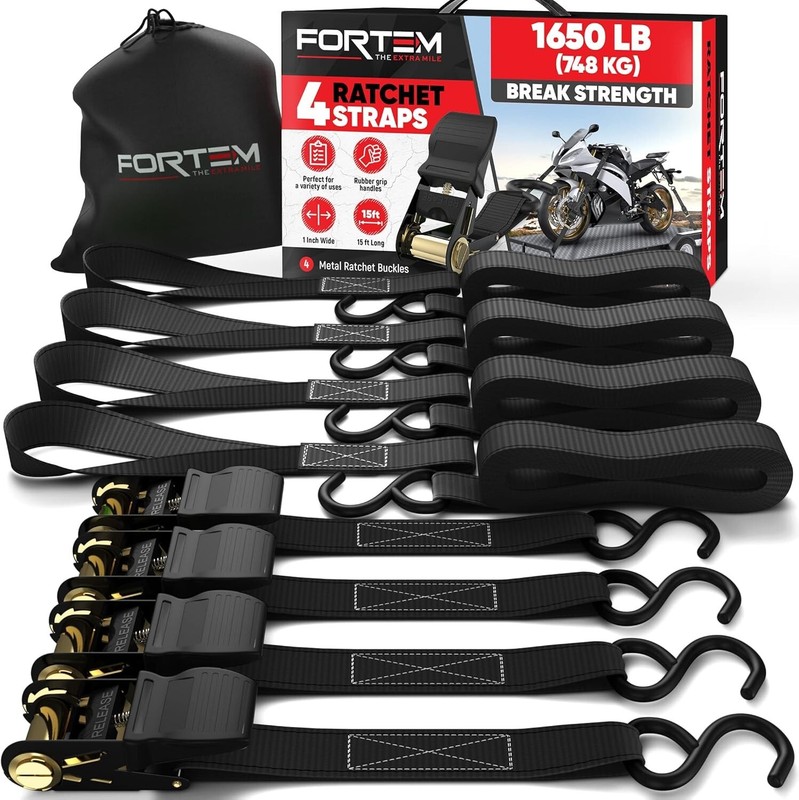 Ratchet Straps, 1650lb Break Strength, 4 Pack 15ft x 1in Tie Down Strap Set