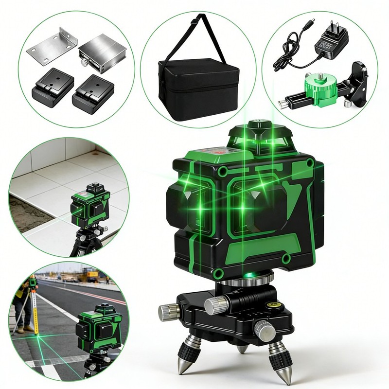 4D Laser Level 360° Self-Leveling Cross Line 12 Lines Rechargeable w/ 2 Battery