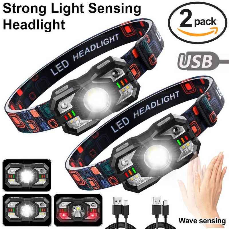 2x 1200LM Work Light Headlamp USB Rechargeable Ultra Bright Sensor LED Head Lamp