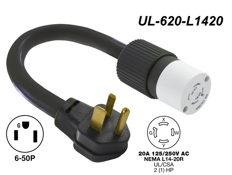 6-50 Table Saw Adapter (L14-20 20A 4-Prong Locking to 6-50)