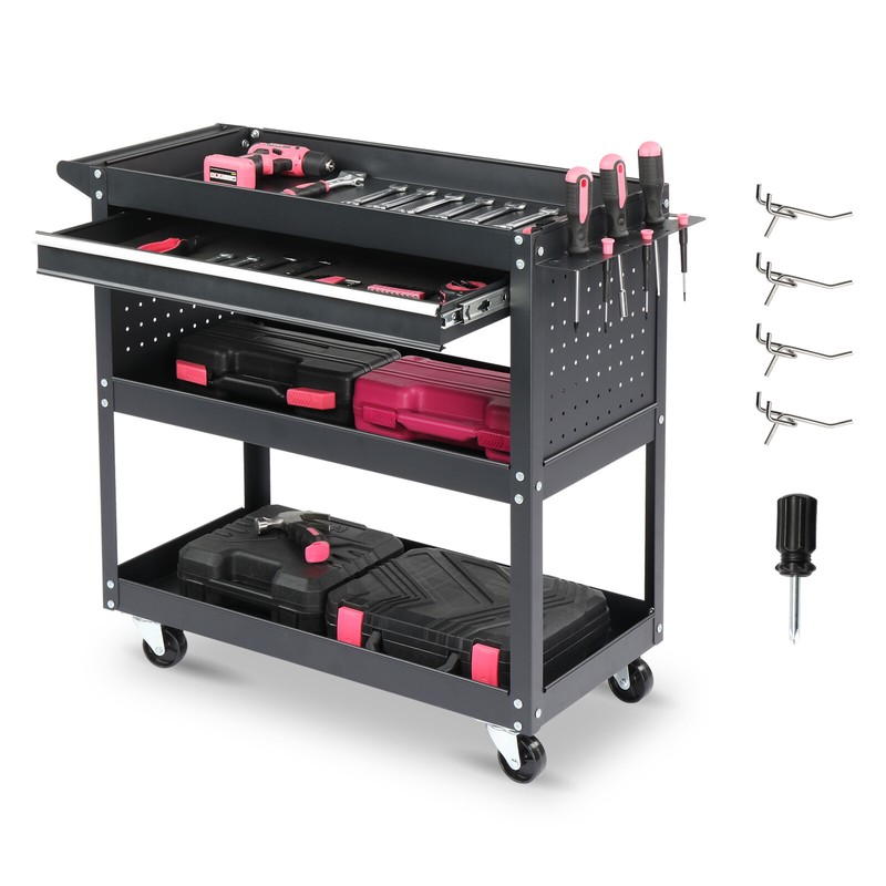 3 Tier Rolling Tool Cart Heavy Duty with Pegboard & Drawer & 4 Hooks Black