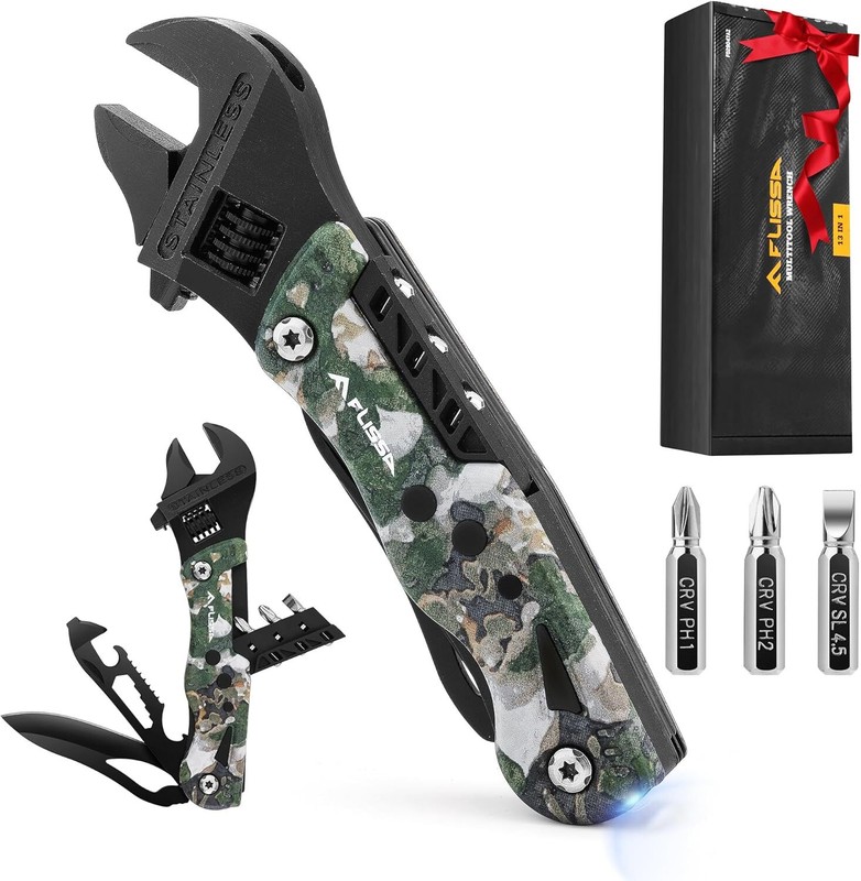 13-in-1 Multi Tool Wrench, Stainless Steel Camo Adjustable Wrench with LED Light