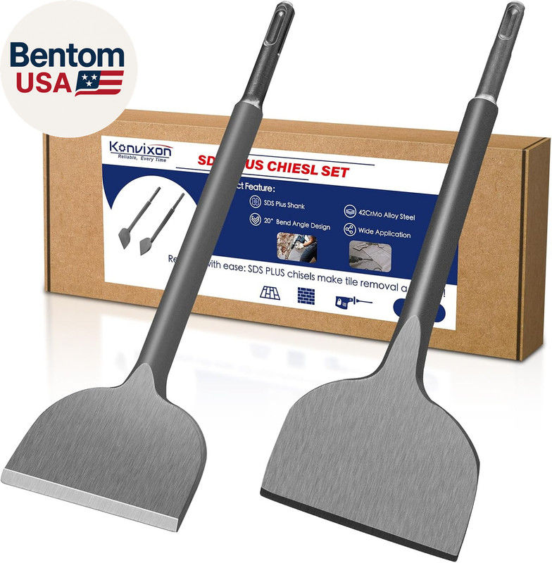 2Pcs SDS plus Chisels Set, Flat & 20° Bent, 3” X 10” Tile Removal Bits in 40Cr A