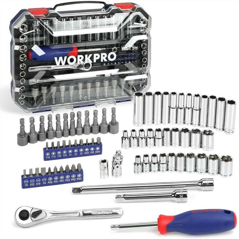 WORKPRO 70-Piece 1/4″ Drive Socket Set with Quick-Release Ratchet Metric and SAE