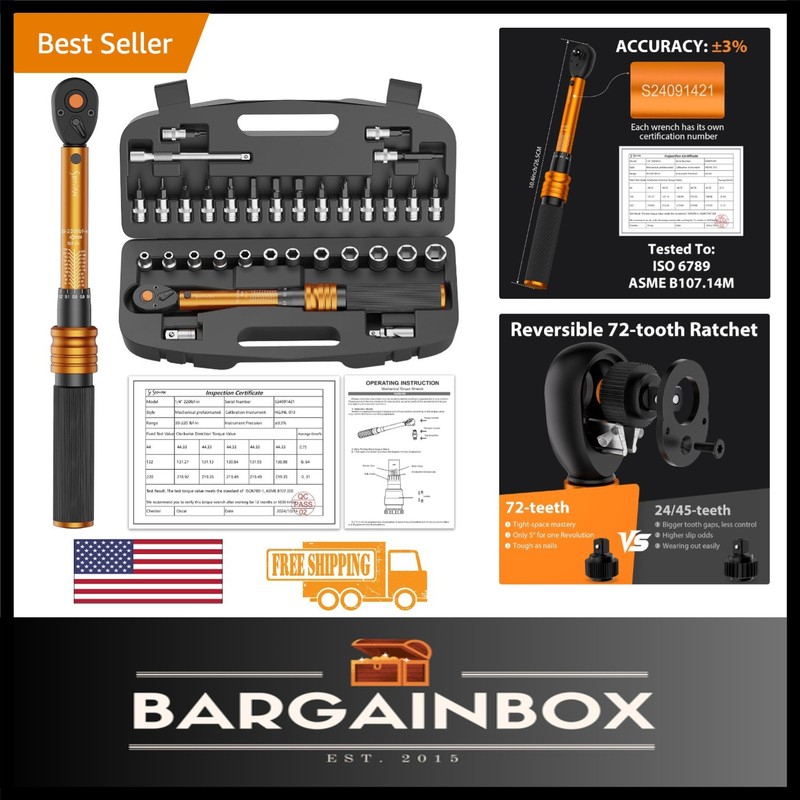 Complete 33-Piece Torque Wrench Set – 1/4 Inch with 72-Tooth Mechanism for Bikes