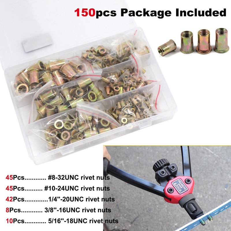 150pcs Zinc Steel Rivet Nut Kit Rivnut Insert Nutsert Assort SAE Threaded