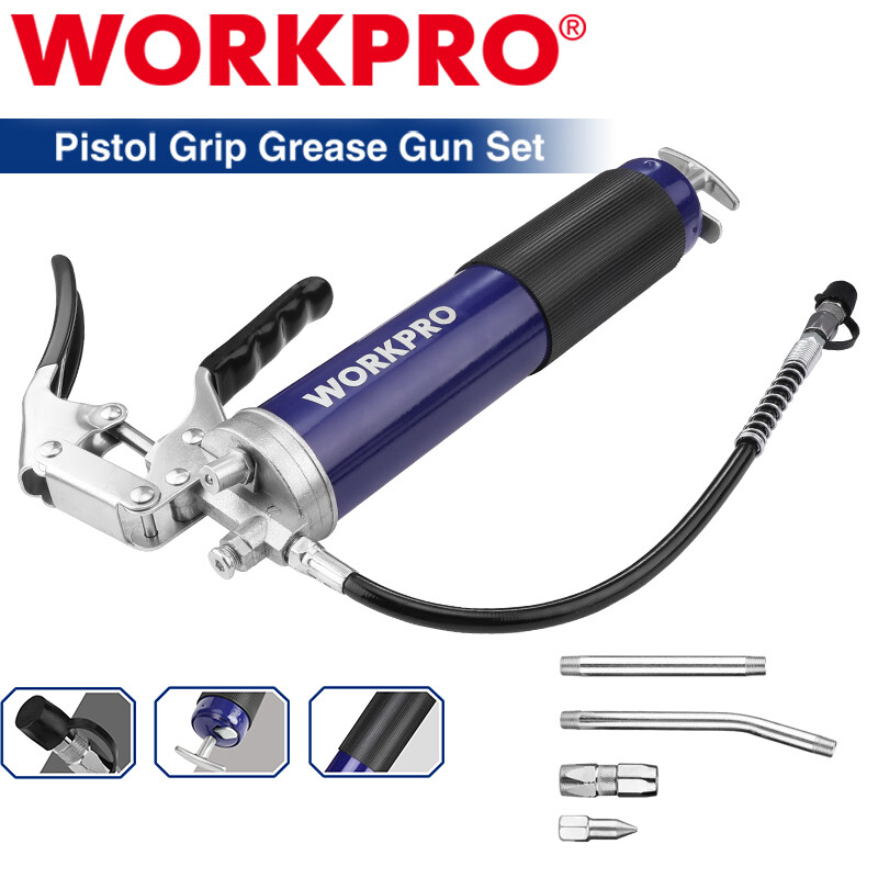 WORKPRO Grease Gun Kit 6000PSI Heavy Duty Grease Gun 18″ Flexible Hose 14oz Load