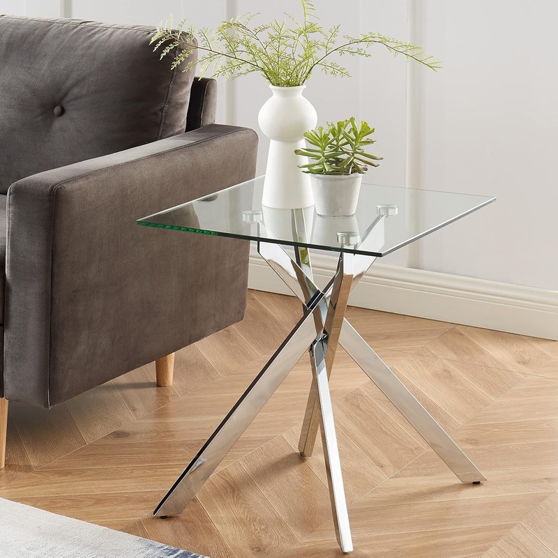 Modern Style Square Side Table with Tempered Glass Top and Metal Tubular Legs, S