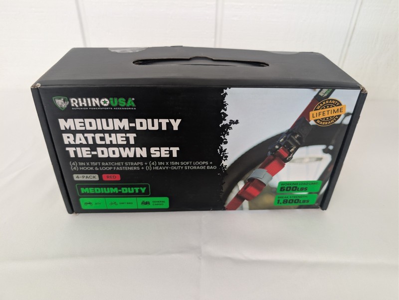 Rhino USA Medium Duty Ratchet Tie Down Set 15ft Straps Red 4Pack Standard Versio