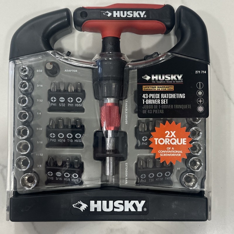 Husky 43-Piece Ratchet Screwdriver Set Socket Bits Black Red Hard Case 271714