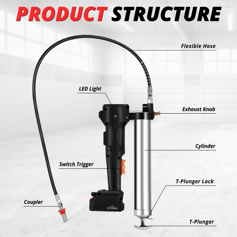 Cordless Electic Battery Powered Grease Gun 41.5" Hose w/ Built-In LED Charger gallery