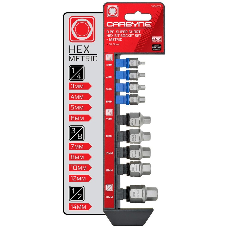 CARBYNE 9 Piece Super Short Hex Bit Socket Set – Metric, 3mm to 14mm | S2 Steel