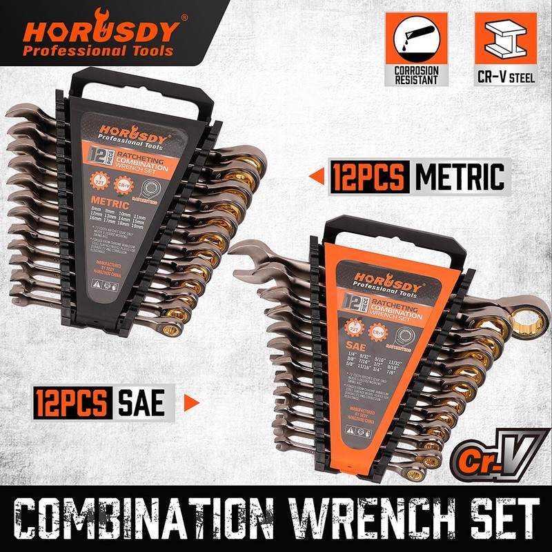 24PC Ratcheting Wrench Set Metric & SAE with Organizer 8-19 mm & 1/4″ to 7/8″