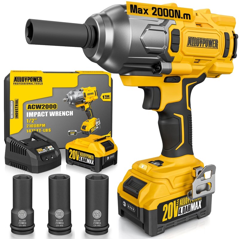 ALLOYPOWER Cordless Brushless Impact Wrench, 1475 ft-lbs (2000N.m), 1/2 High …