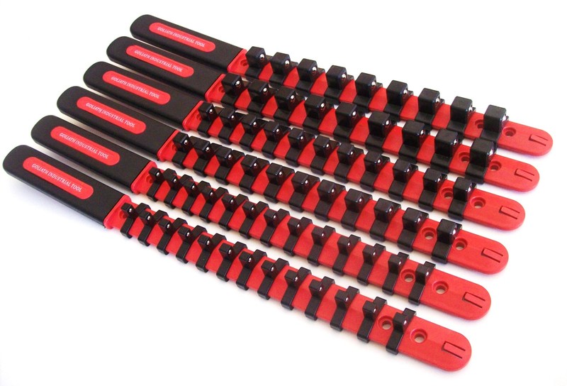 6 GOLIATH INDUSTRIAL ABS SOCKET RAIL HOLDER ORGANIZER W/HANDLE 1/4 3/8 1/2″ RED