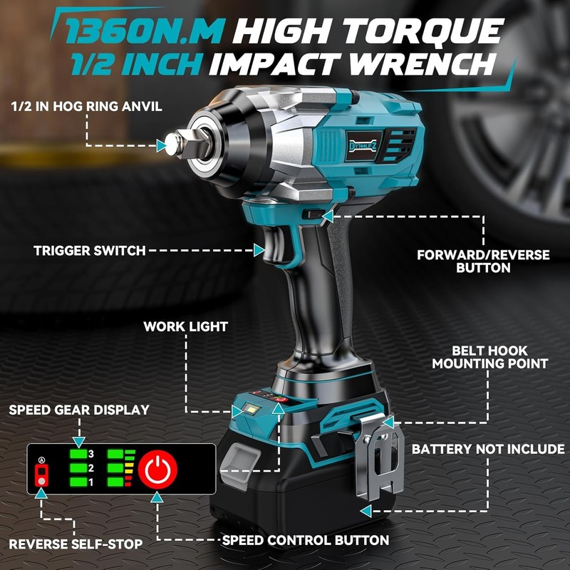 Cordless Impact Wrench 1/2 Inch for Makita 18V Battery, 1000Ft-Lbs Brushless Ele gallery