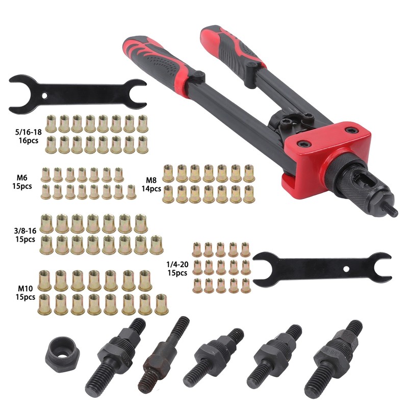 14″ Rivet Nut Tool Kit: 90pcs Rivnuts, 2 Lock Pins, Metric & Inch Mandrels