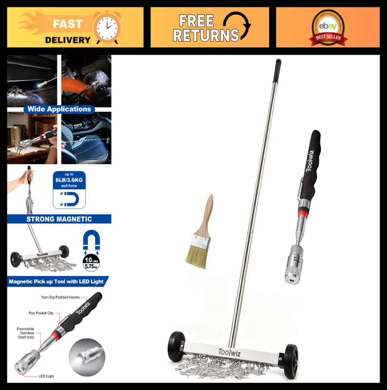 15″ Rolling Magnetic Sweeper & Telescopic Pick Up Tool with LED Light – 10lbs
