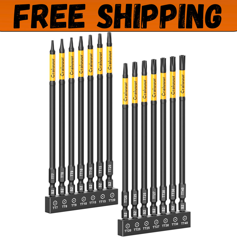 14PCS Impact Long Torx Bit Set, 6-Inch, T7–T40, Tamper Proof Star Bits Set, Magn