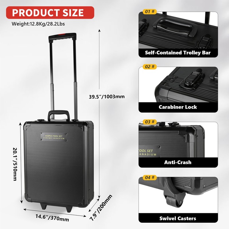 Tool Set Mechanics Tool Kit 909 PCS Wrenches Socket with Trolley Case Box Silver gallery