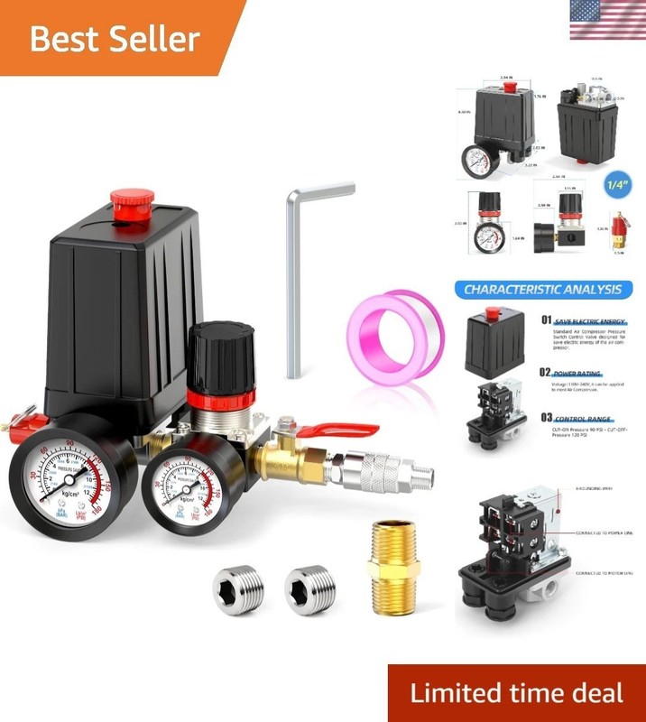 Air Compressor Pressure Switch Control Valve 90-120 PSI 110V-240V 4-way Repla…