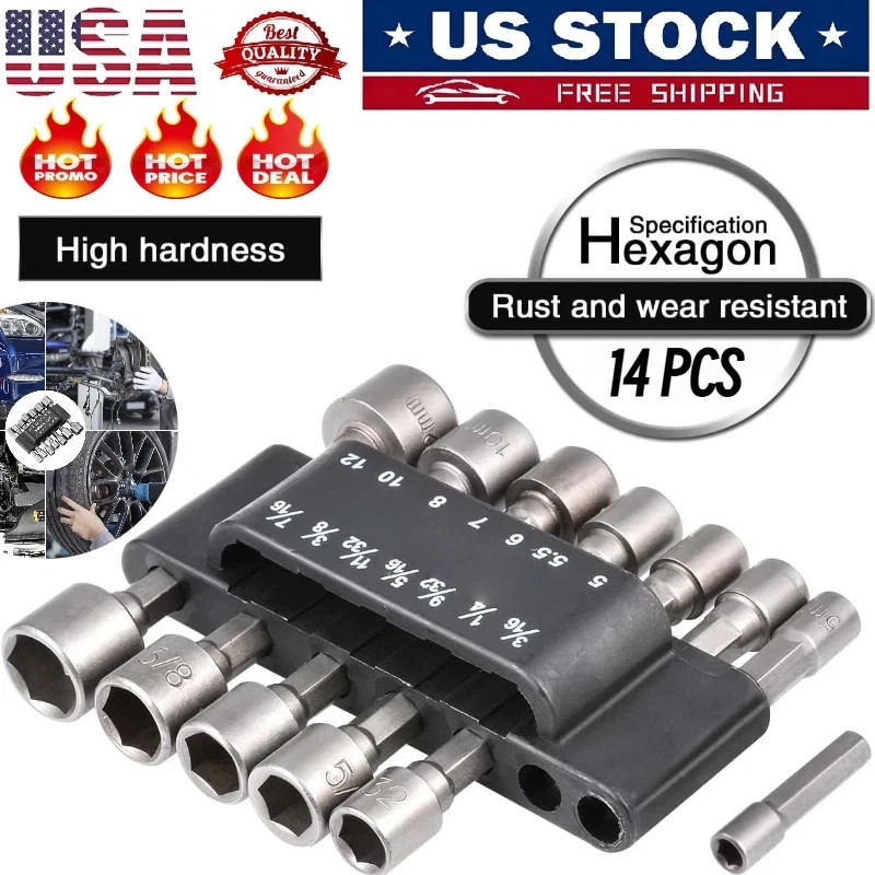 14pc POWER NUT Driver Bit Set Dual 1/4 Quick Change SAE & Metric MM Detent Shank